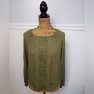 Umgee Olive Green Boho Blouse with Lace Panel, Textured Design Size Medium